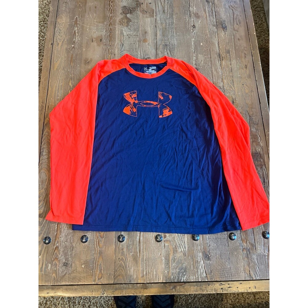 Under Armour Youth XL Heat Gear Loose Long sleeve Shirt Navy Orange